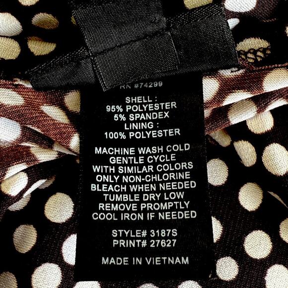 Enfocus Studio Sleeveless Polka Dot Dress Ruched Stretchy Size 12 Brown White - Picture 15 of 15